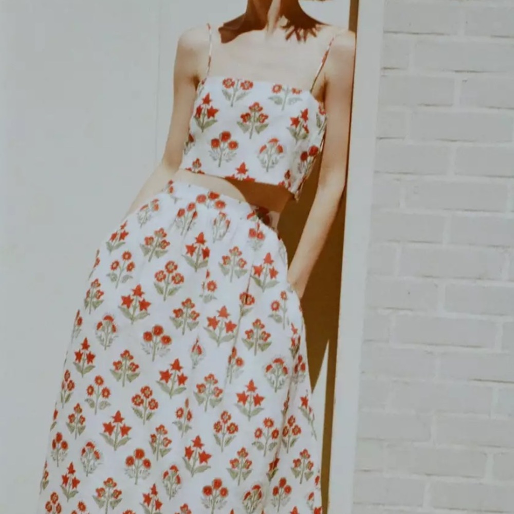 Rhode Aaron Floral Linen Midi-Skirt